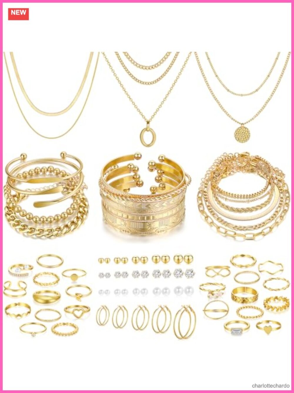 68 Pcs Gold Jewelry Set for Women - 7 Necklaces, 17 Bracelets, 5 Hoop Earrings,